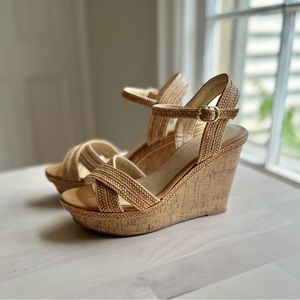 Cork Platform Wedge Sandals with Natural Woven straps